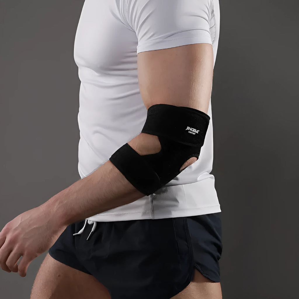 Black adjustable sports elbow guard for adult multi-sport training and protection.