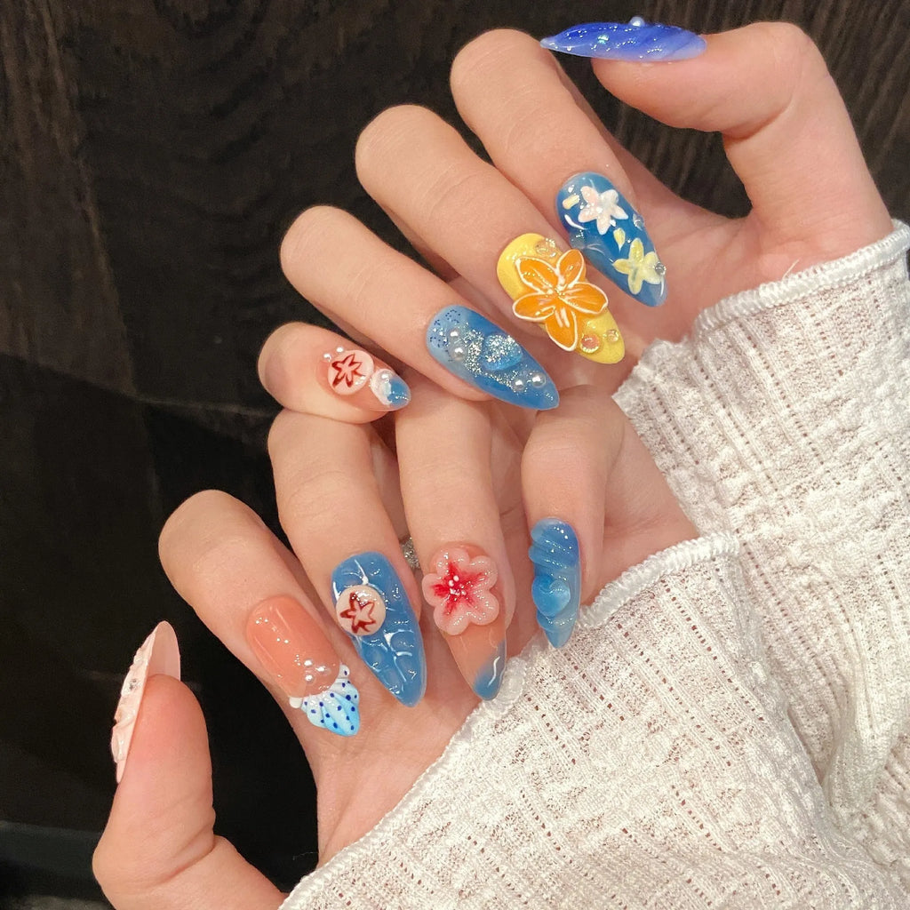 Plastic wearable armour set with three-dimensional carved jellyfish designs and rose patterns in almond nail colour