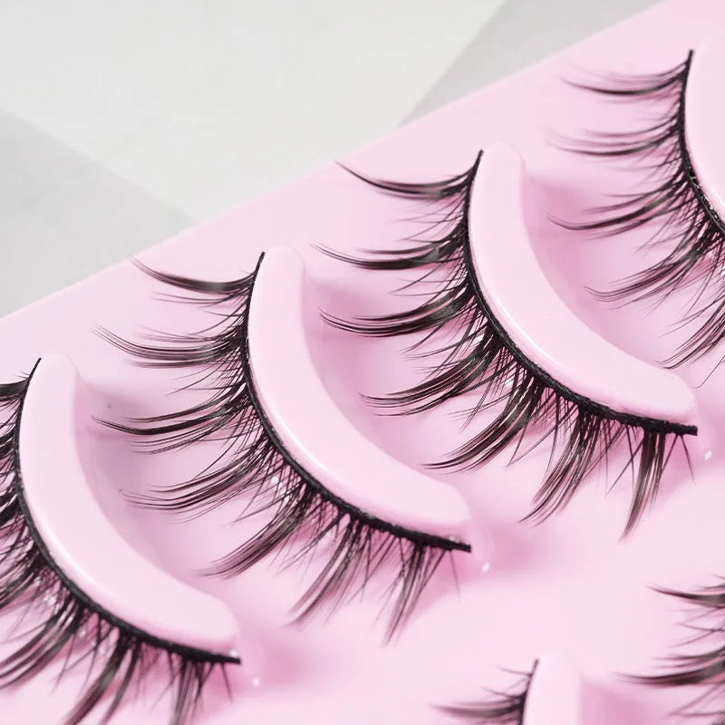 Pack of 5 pairs of black manga false eyelashes in three natural wispy styles 007, 008, 009 for cosplay.