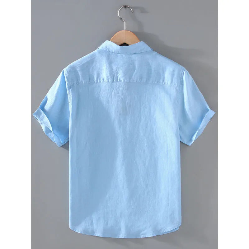 Men's grey linen short-sleeved casual shirt with a regular fit and cardigan style on a hanger