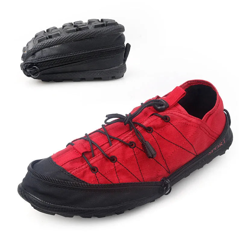 Orange folding outdoor shoes with a side zipper, shown in a compact, folded state.