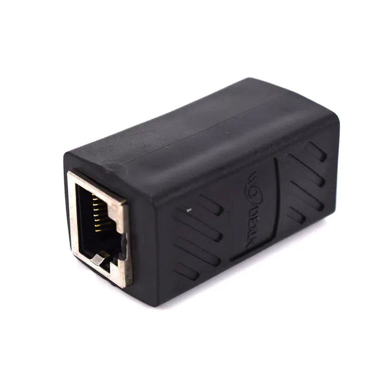 Black RJ45 network cable extender adapter with rotary union for connecting Ethernet cables