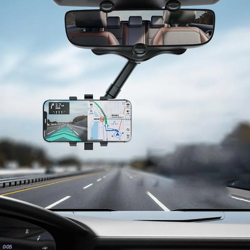 Black rearview mirror phone holder mounted on car mirror with phone in landscape orientation
