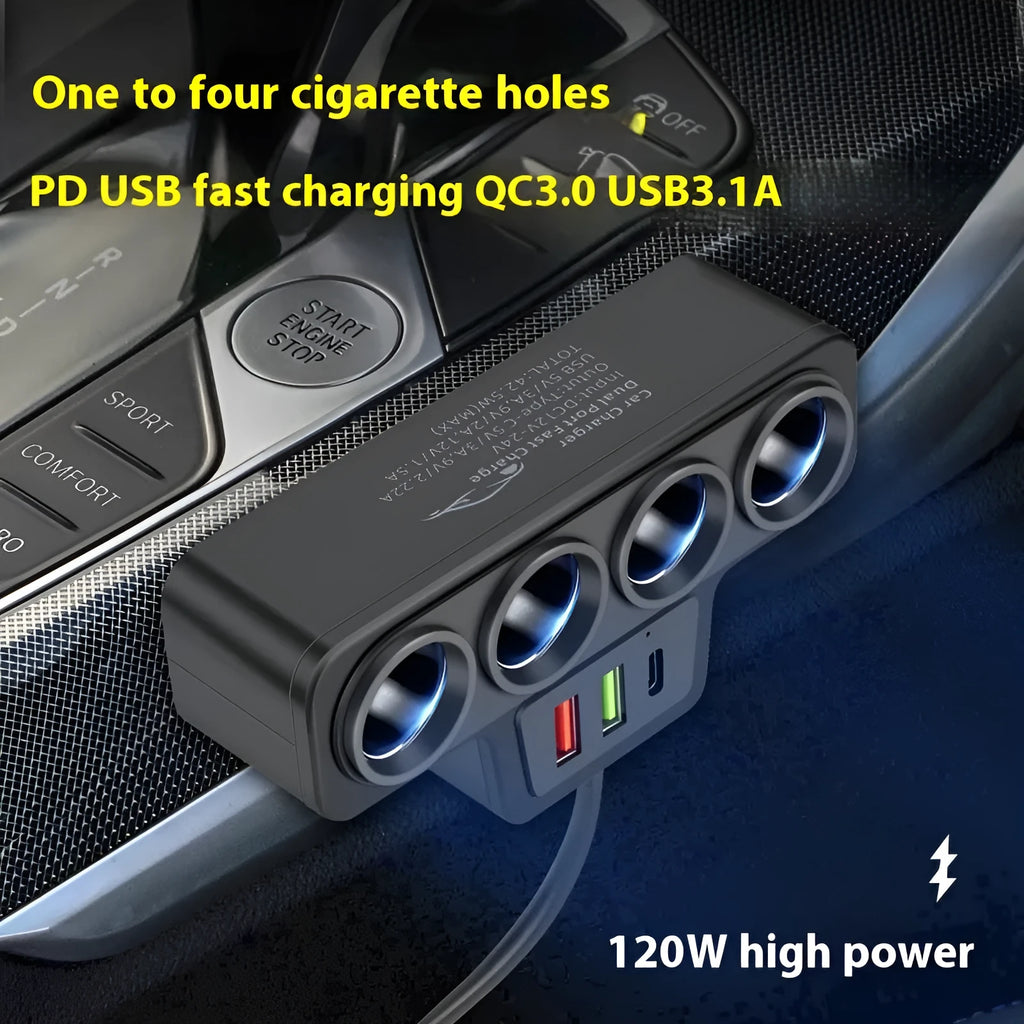 Car-mounted cigarette lighter adapter with dual USB, QC and PD ports, one-to-four socket splitter, 120W, 3.1A, 5V/12V/24V