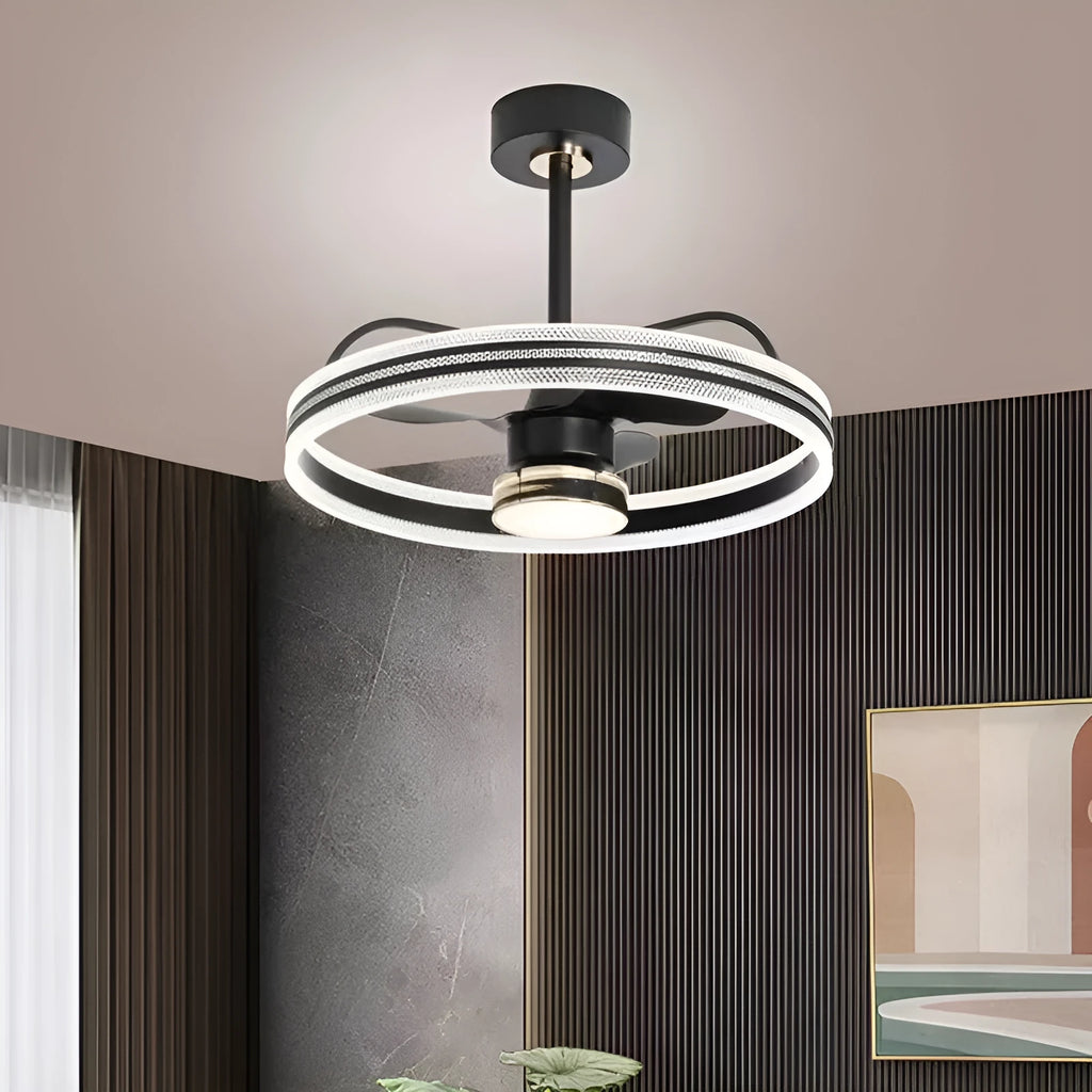 Modern ceiling fan light with five blades and acrylic lampshade in black finish, diameter 60cm
