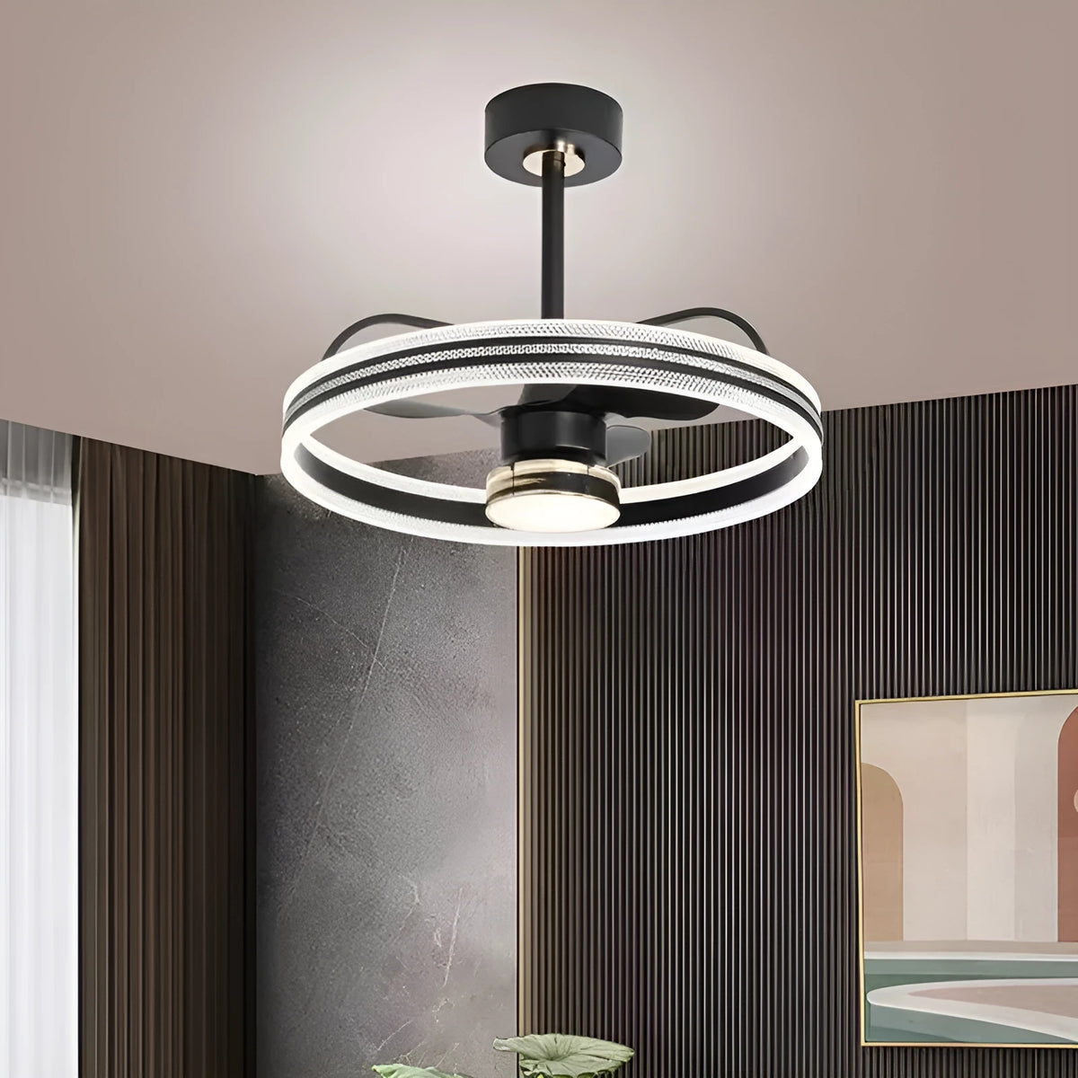 Modern ceiling fan light with five blades and acrylic lampshade in black finish, diameter 60cm