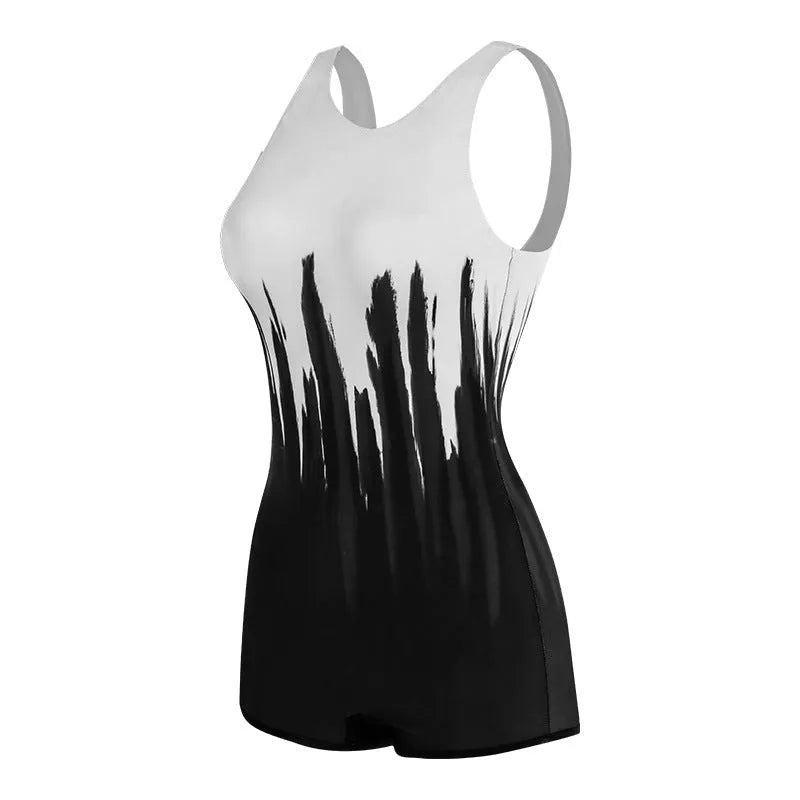 Black printed conservative one-piece ladies swimsuit for sports swimming.