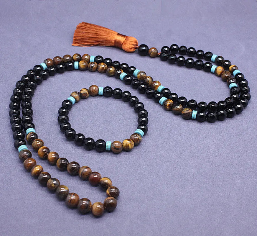 Black agate bracelet and matching necklace with tiger-shaped Tiger's Eye stones in geometric European-American design