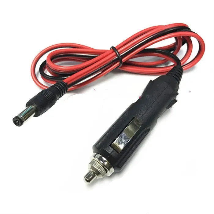 Black 12V car cigarette lighter to DC5.5 power cable with fuse and indicator light, 1.2 metres long