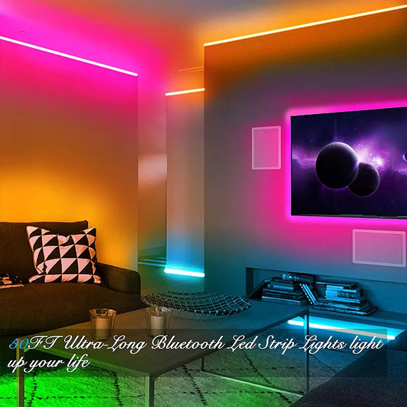 LED5050RGB44 Bluetooth light strip with 44-key remote, showing colour-changing LEDs on a 5-metre roll and IP65 waterproof epoxy coating.