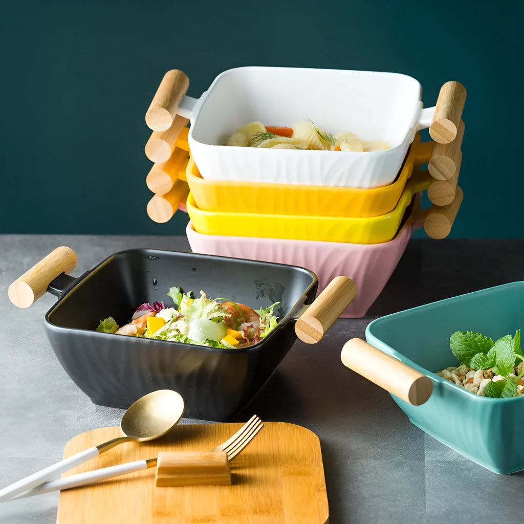 Ceramic serving bowl with lid in irregular modern shape, heat-resistant porcelain construction