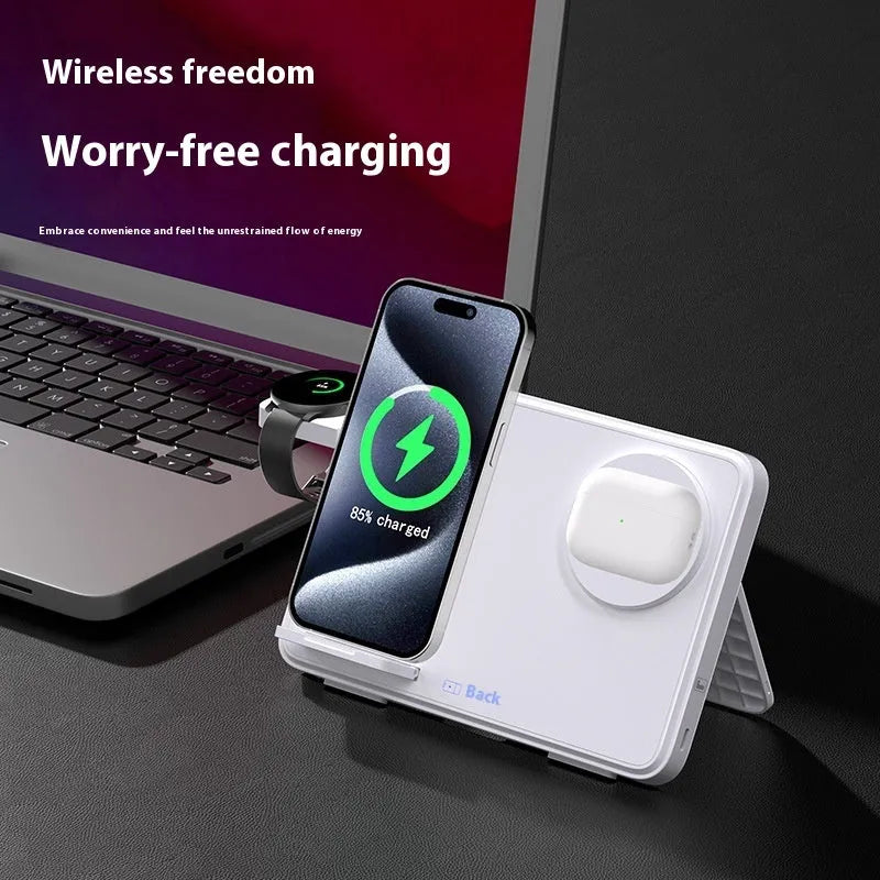 15W three-in-one wireless charger in Black or Ivory White, 184x21.5x130mm, with magnetic charging and QC3.0.