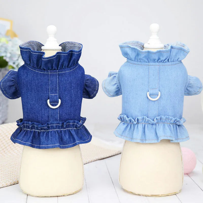 Blue denim dog dress with integrated harness and ruffled design for small to large pets