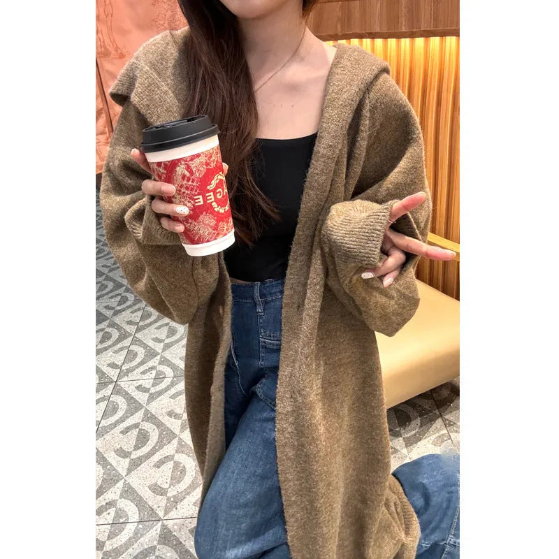 Korean style hooded long knitted cardigan for women in free size with below the knee length