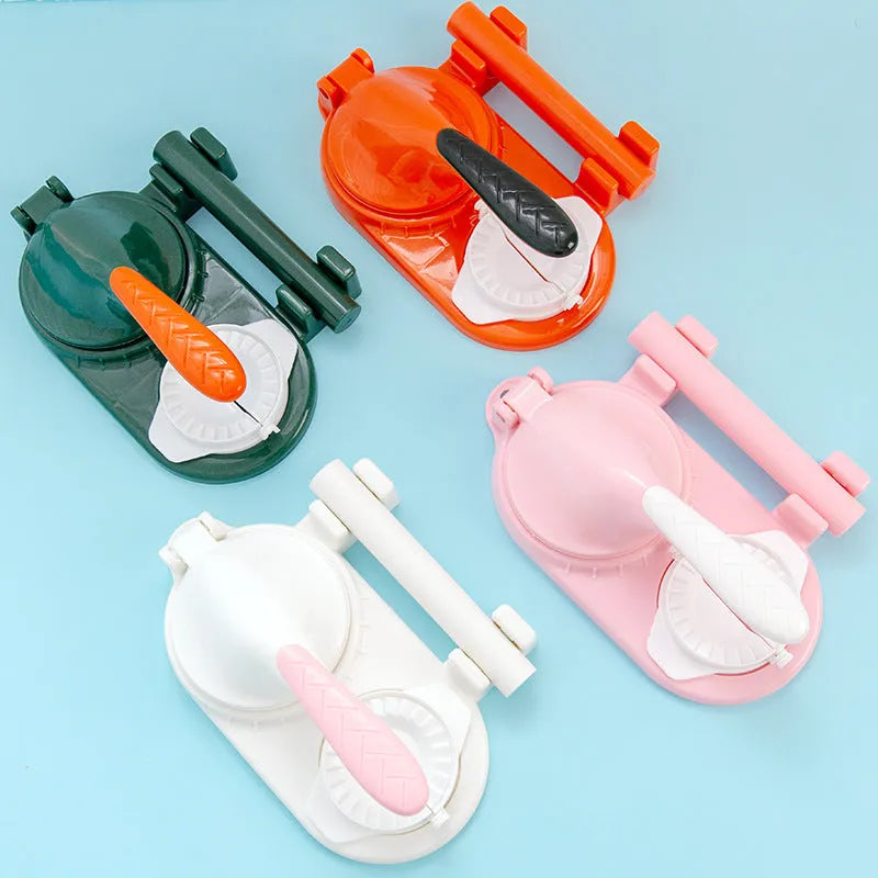 3 in 1 plastic dumpling maker set with two dumpling props and white rolling pin in orange, green, white or pink