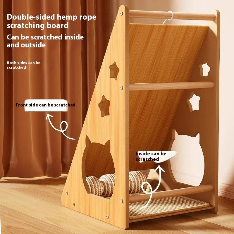 Vertical wall-mounted cat scratch board with teasing ball and sisal scratching surface