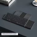 Black folding Bluetooth keyboard for tablets showing touchpad variant with compact folded dimensions
