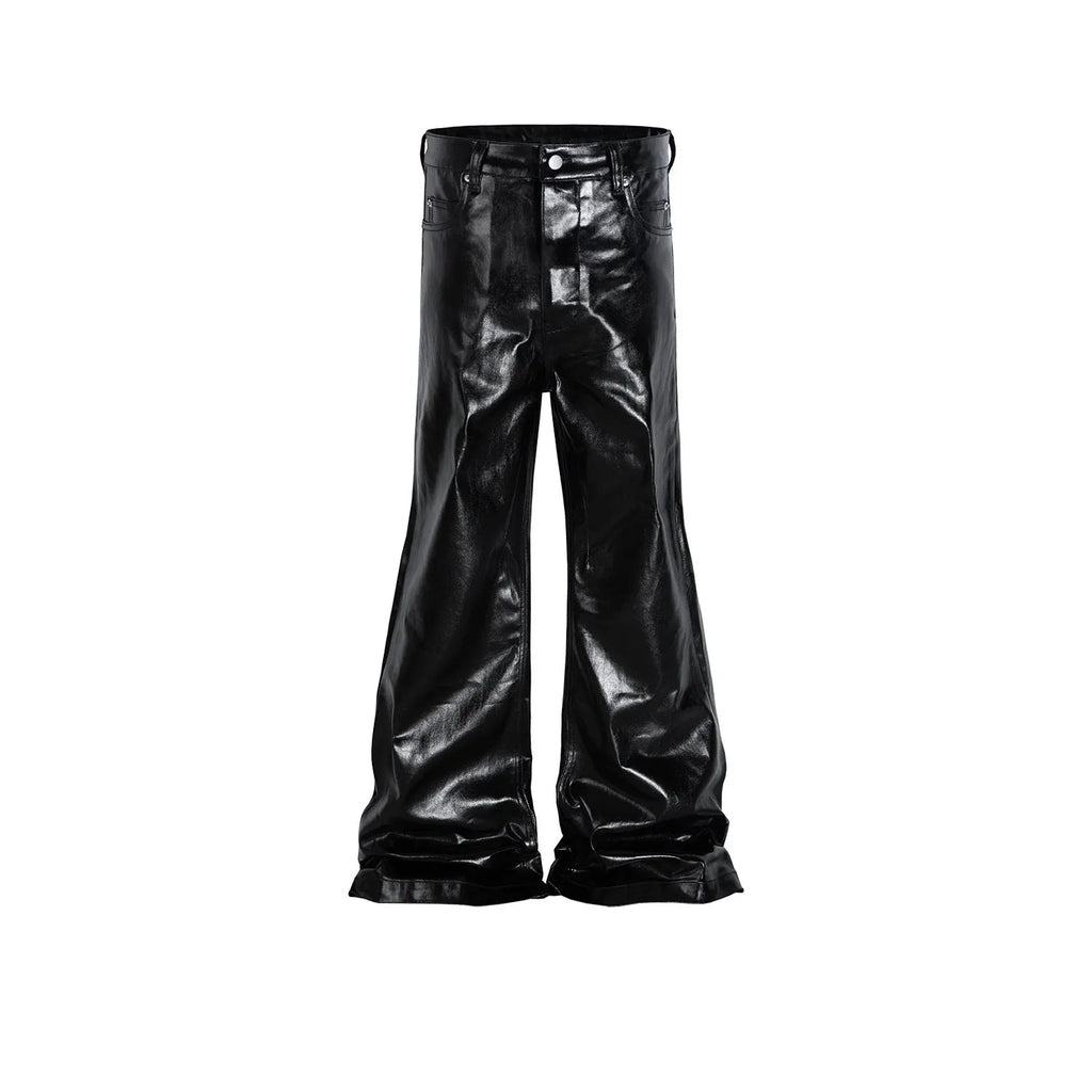 Black coated shiny patent leather skinny jeans with mid-waist straight-leg cut on a model