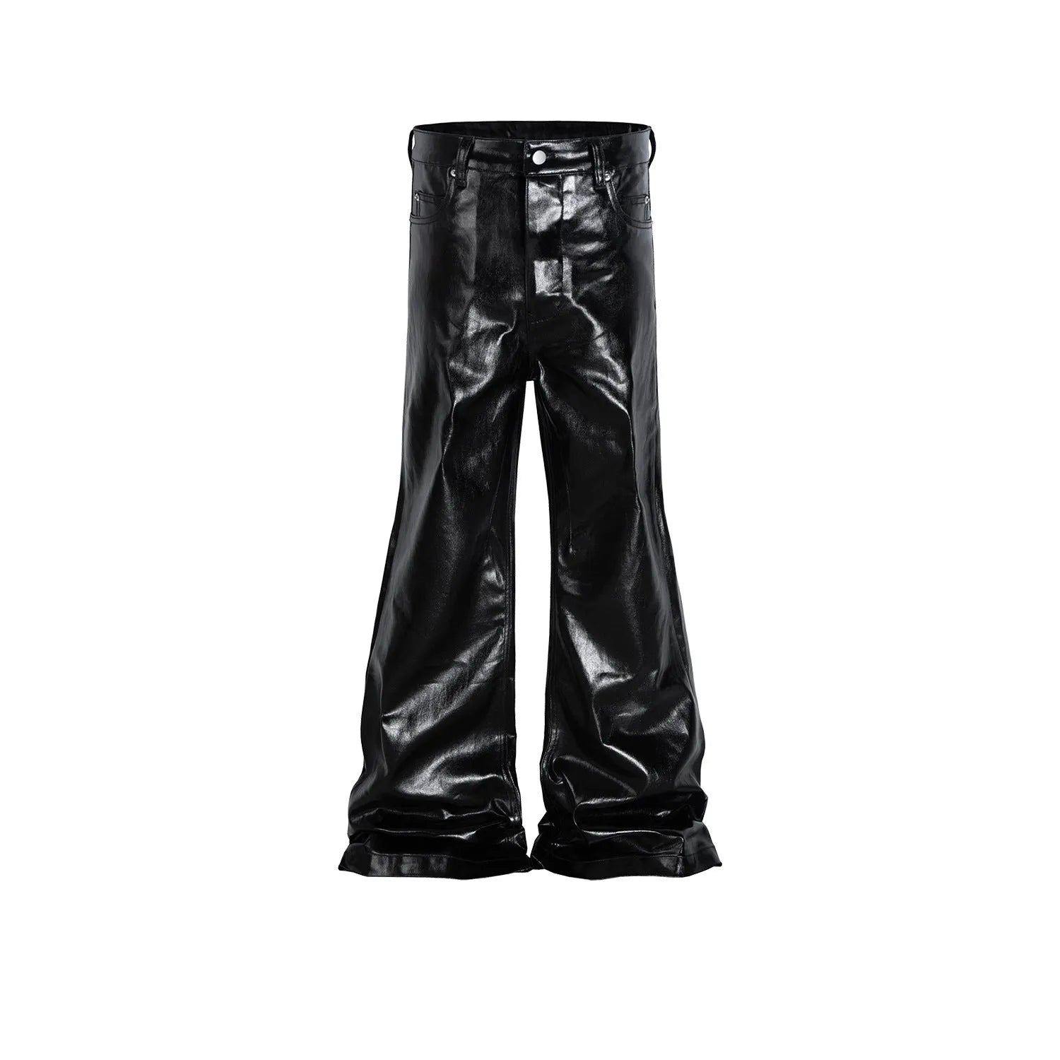Black coated shiny patent leather skinny jeans with mid-waist straight-leg cut on a model