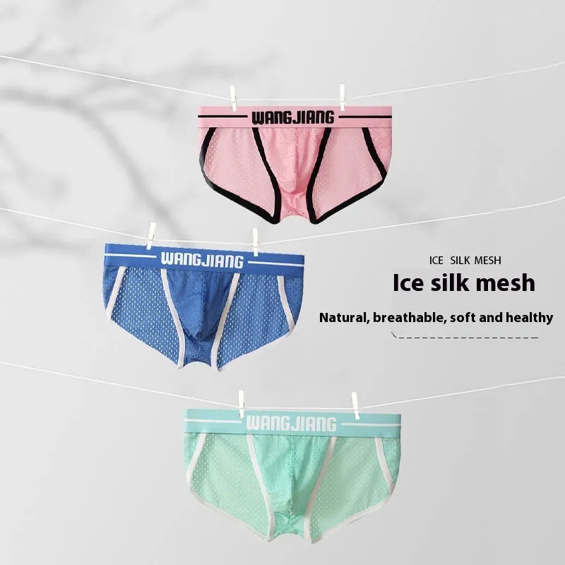 Men's black mesh ice silk triangular underwear laid flat, showing briefs style and breathable fabric texture.