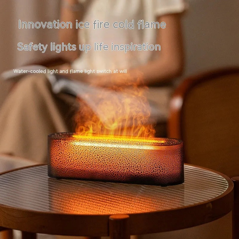 Square desktop atmosphere humidifier with colourful flame lighting effect, USB cable, and 0.5L water tank capacity