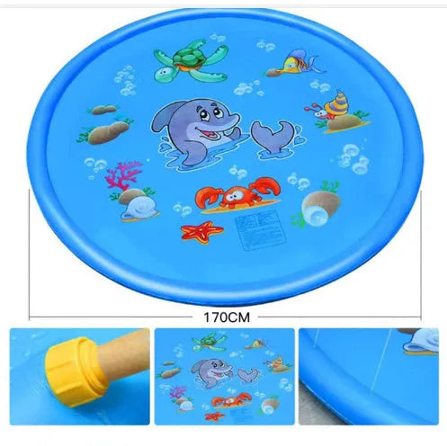 Blue PVC water spray mat for children with marine animal prints, connected to a garden hose.