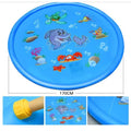 Blue PVC water spray mat for children with marine animal prints, connected to a garden hose.