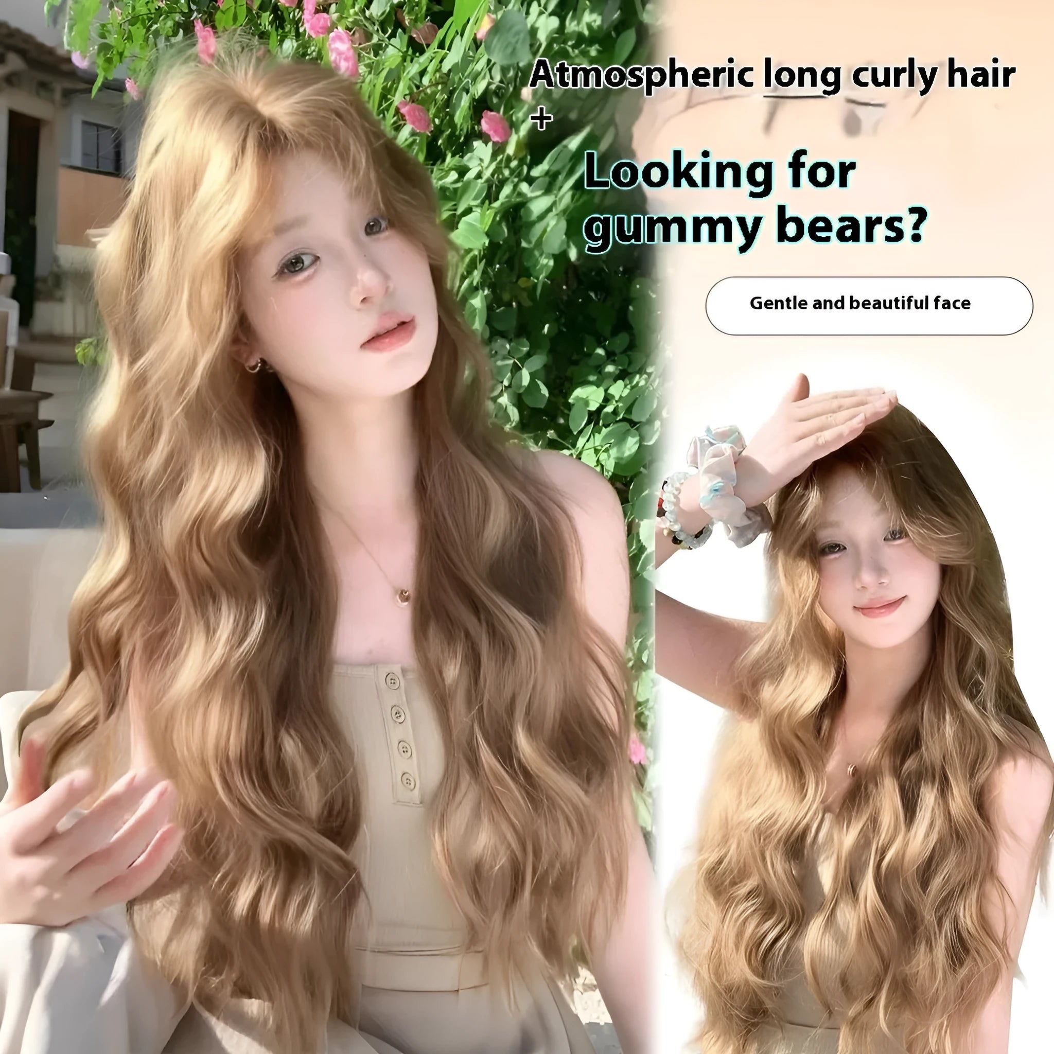 Medium size long curly wig in linen colour made from high temperature synthetic fibre.