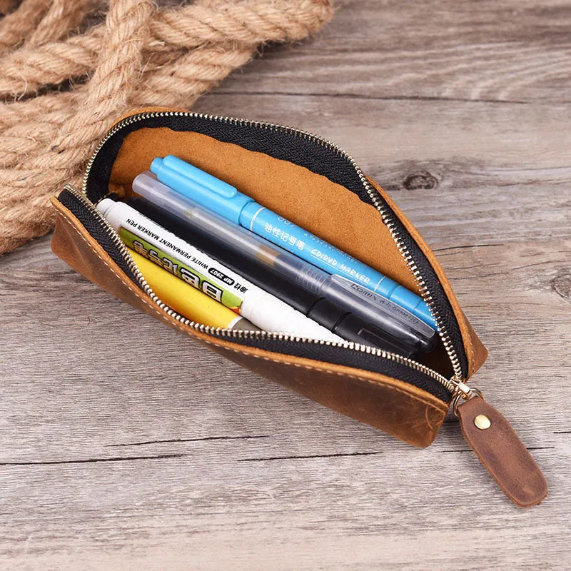 Genuine cowhide leather rectangular glasses and pencil case with a zipper in black, brown, dark brown, or yellow.