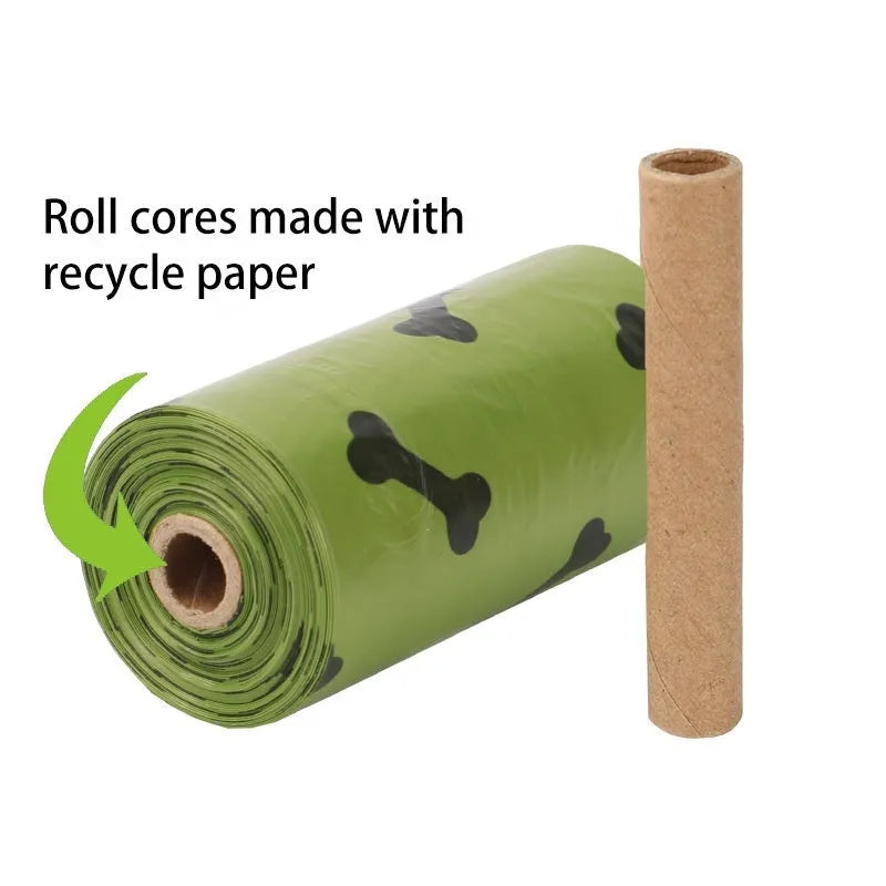 Degradable dog poop bags in military green with black bone print, 23cm by 33cm size, EPI+HDPE material