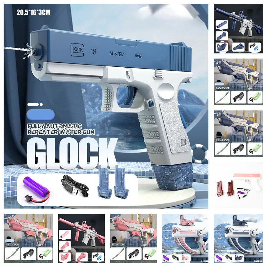 Blue electric water gun with USB charging cable, showing 55cm length and anti-slip handle for outdoor water fights