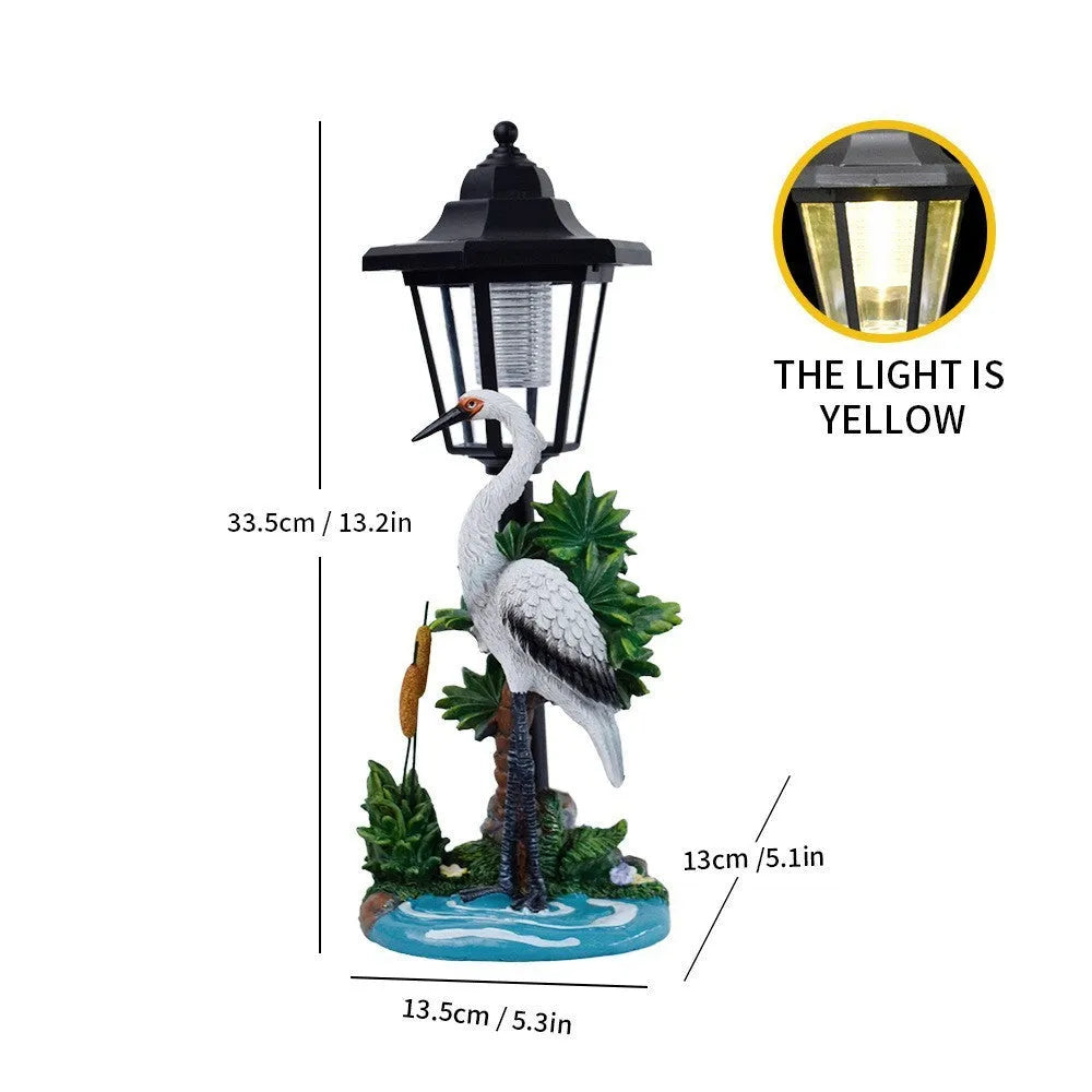 Hexagonal solar garden lamp with resin animal figure, 30cm tall with 24 LED lights for outdoor illumination