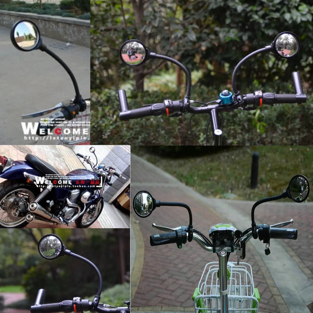 Black metal bicycle rearview mirror with hose adjustment system shown in dual pack configuration