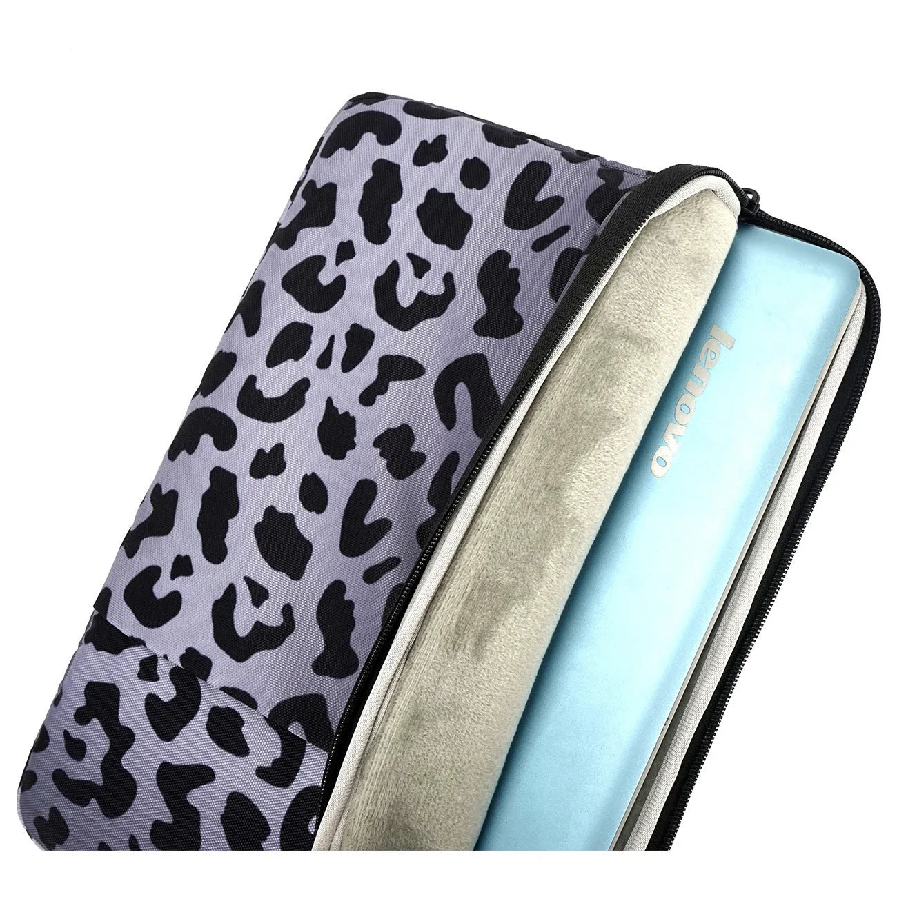 Leopard print laptop sleeve showing interior flannel lining, suitable for 13-inch to 16-inch devices with anti-shock protection