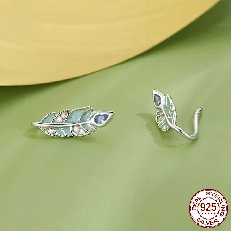 Feather stud earrings in S925 sterling silver with white gold plating, colour BSE933, women's all-match jewellery