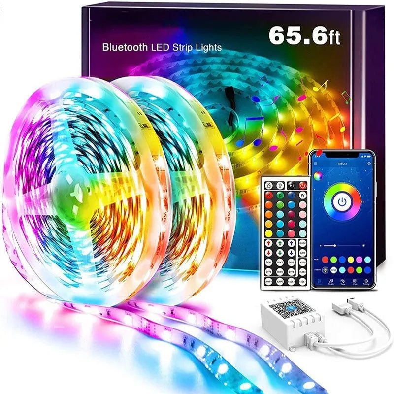 LED5050RGB44 Bluetooth light strip with 44-key remote, showing colour-changing LEDs on a 5-metre roll and IP65 waterproof epoxy coating.