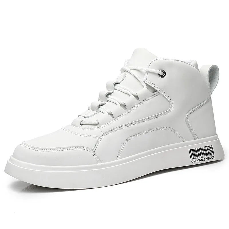 Men's white mid-top sports board shoes with low heel, round toe, and rubber sole on a casual background