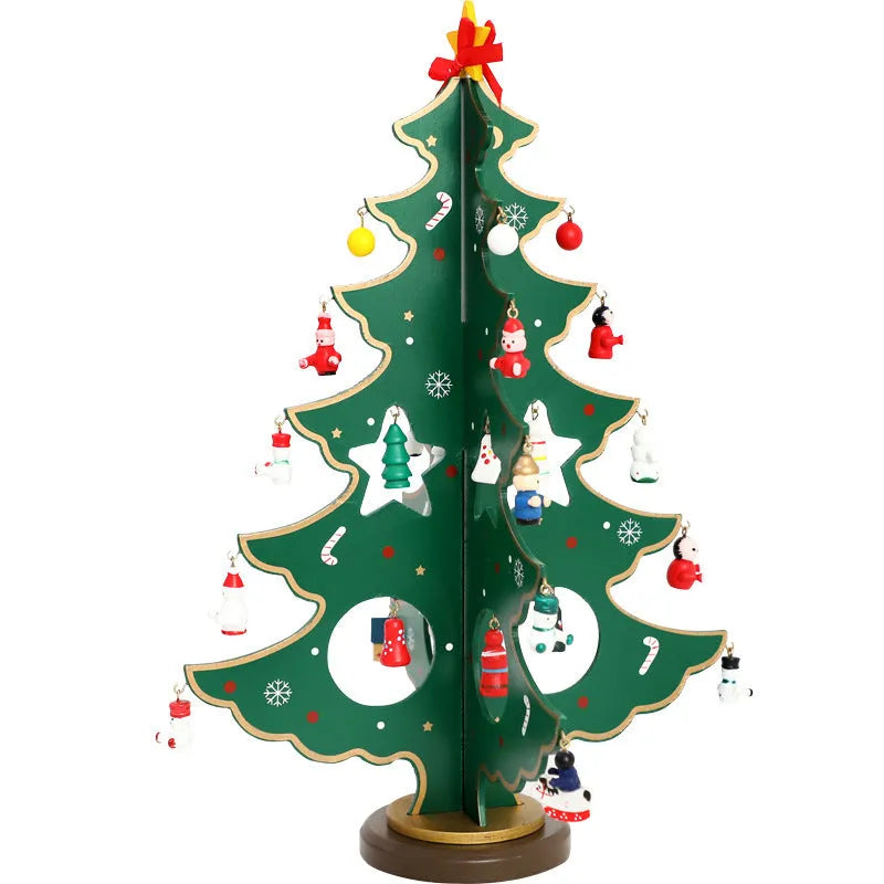 Hand-painted wooden Christmas tree decoration in red or green, 36cm tall, on a desktop