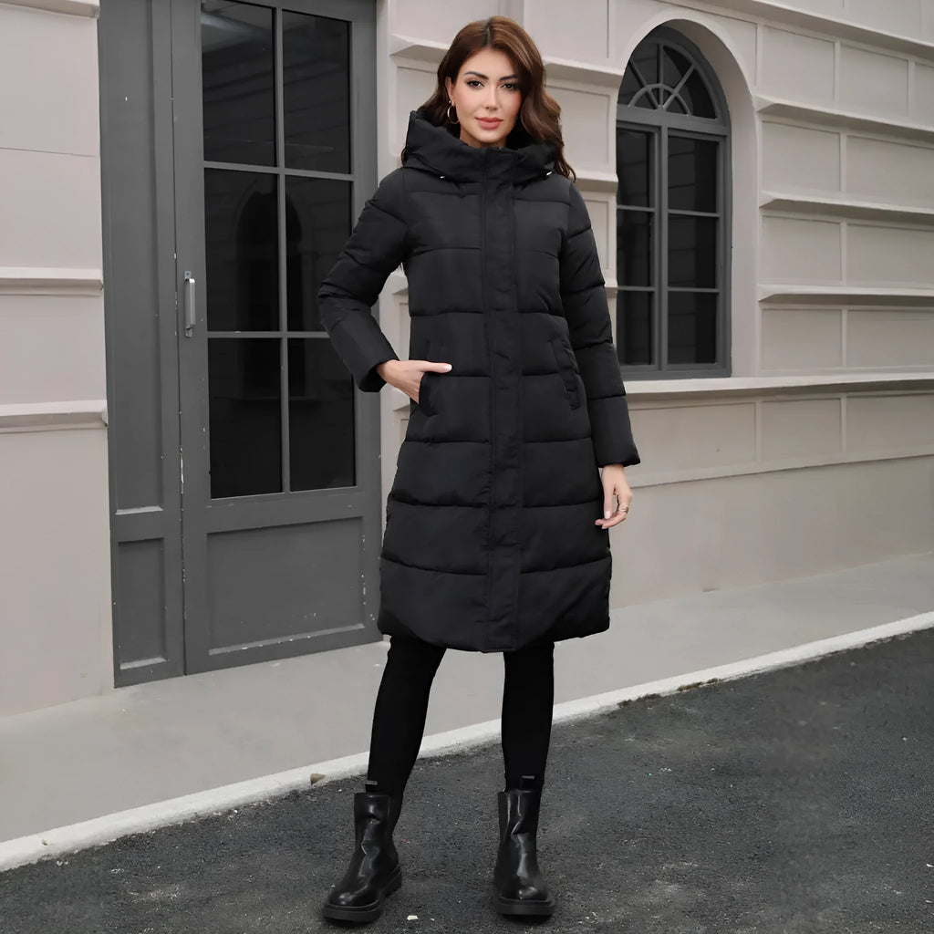 Black hooded slim fit winter jacket with long sleeves on man