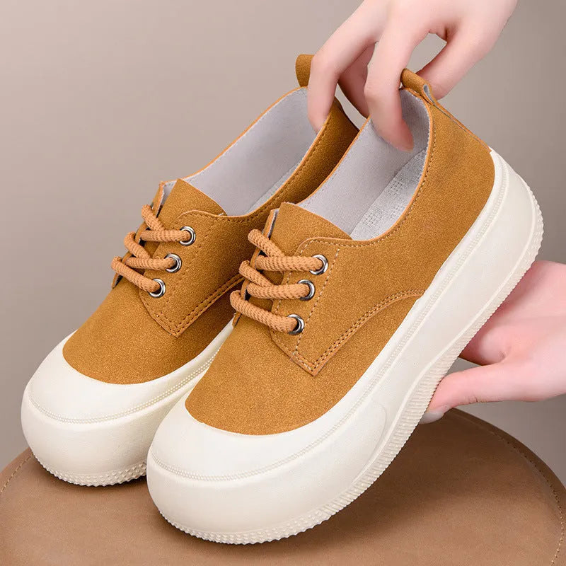 Women's camel suede platform loafers with round toe and front lace-up, showing 4cm sole lift