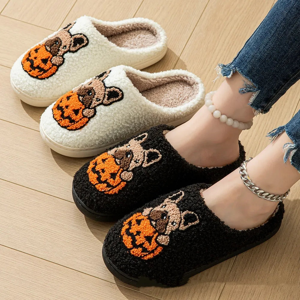 Halloween pumpkin slippers with plush upper and non-slip TPR soles in black and white