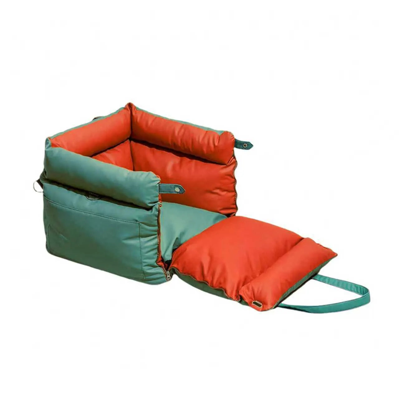 Pet car nest with removable cover in green colour, showing waterproof PU leather base and 55x50x45cm dimensions for dogs