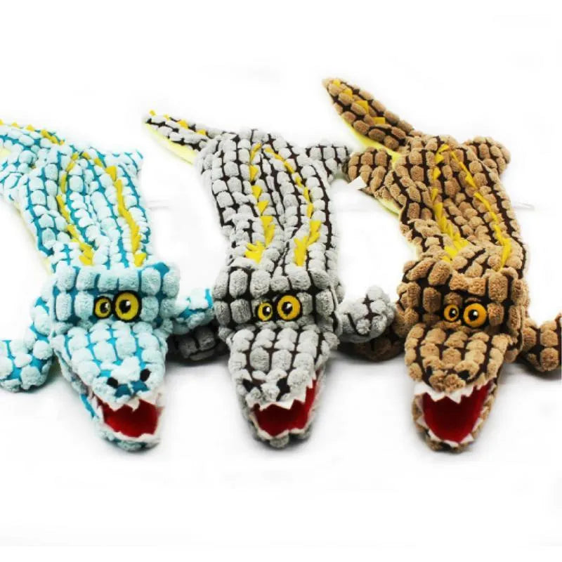 Plush corduroy crocodile-shaped dog toy with squeaker in blue, coffee, or grey colour