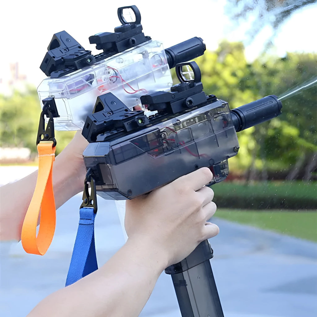 Transparent electric water gun toy showing internal components with accessories