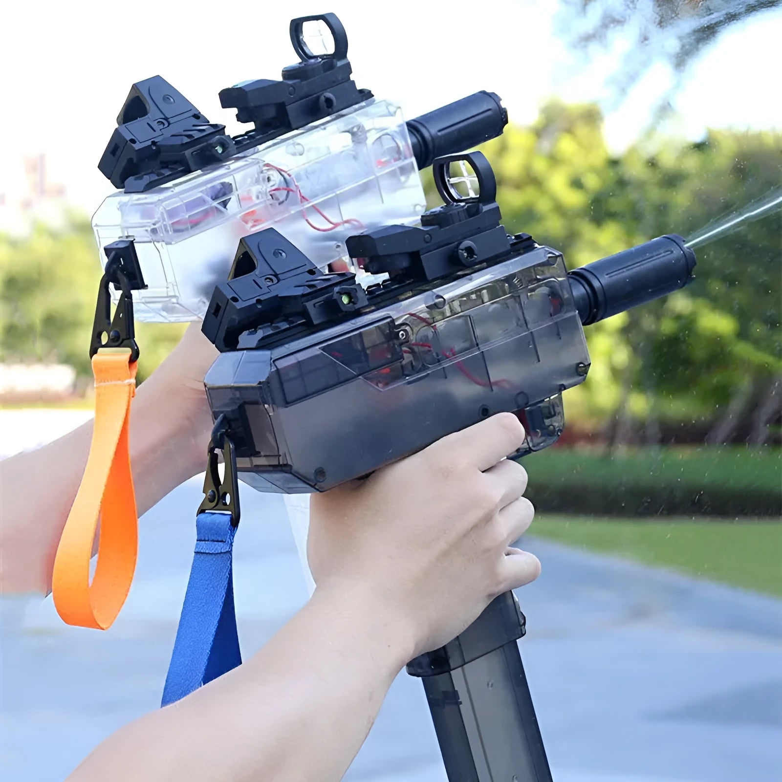 Transparent electric water gun toy showing internal components with accessories