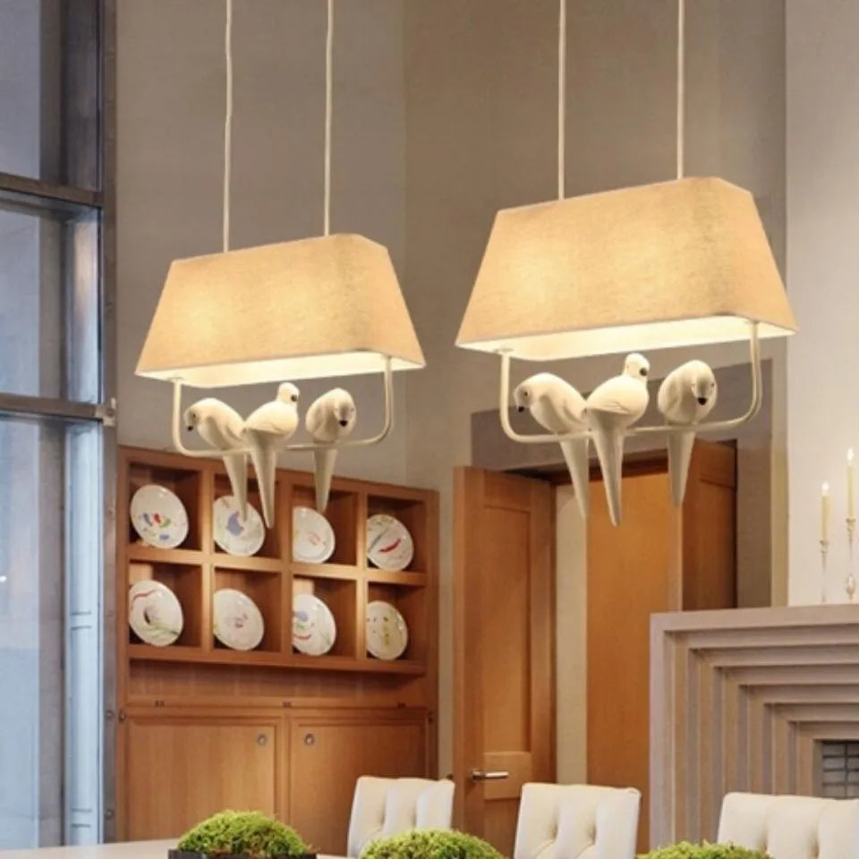 Iron droplight bird chandelier ceiling lamp with a decorative fabric shade featuring bird designs.