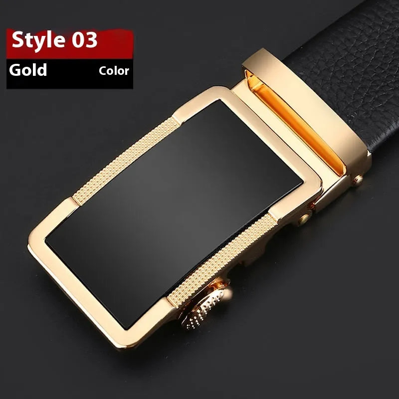 Men's leather belt with automatic buckle in gun black, silver, or gold, adjustable lengths 105-130cm