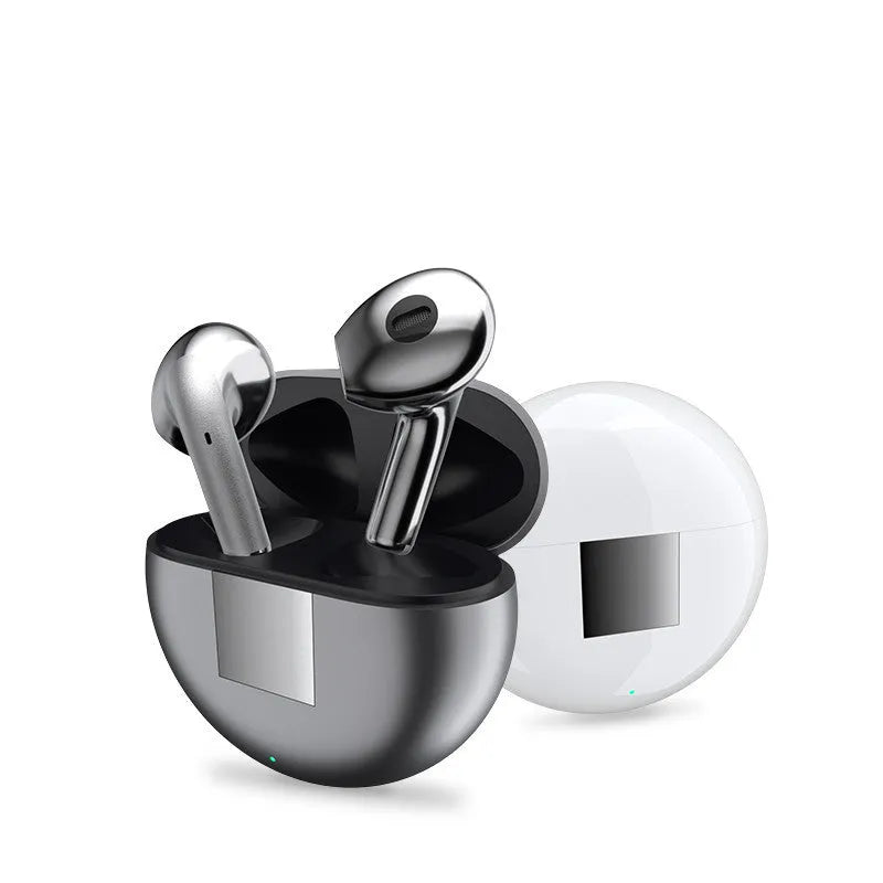 White Wireless Budz5 Bluetooth earbuds with charging compartment, showing semi-in-ear design