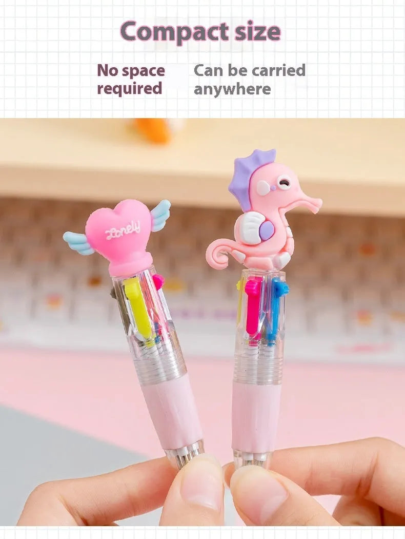 Cartoon-themed four-colour press ballpoint pen showing press mechanism and 0.7mm tip with themed design options
