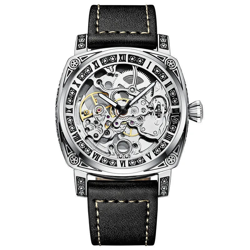 Men's mechanical business watch with 43mm dial, 14mm thick metal case, black leather strap, 30M water resistant